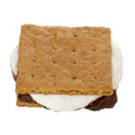 Graham cracker, marshmallow, chocolate s'more on white background.