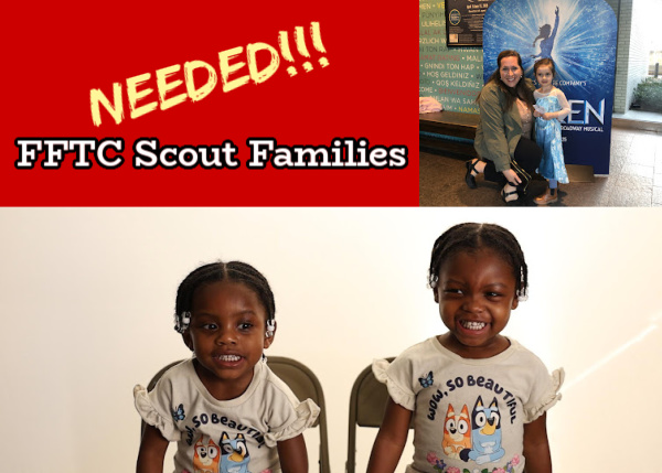 Needed: FFTC Scout Families, 2 toddler African American girls smiling, a caucasian mother and daughter in front of a Frozen sign