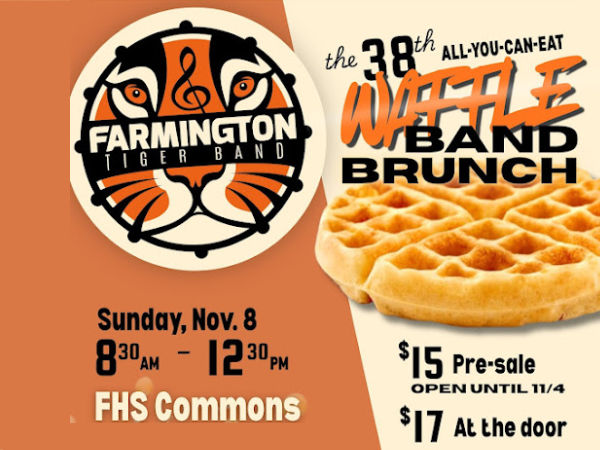 Presented by the Farmington Tiger Band, the community is invited to the 38th annual all-you-can-eat waffle band brunch and silent auction fundraiser. This long-standing community tradition raises vital funds to support local student music programs, gear, and ensembles. Attendees can enjoy a full waffle brunch while supporting the dedicated student musicians of Farmington.